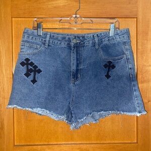 Romwe Grunge Punk Casual Cross Embroidery Raw Edge Denim Shorts xl women’s​​​​
